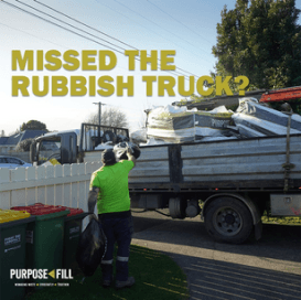 Same Day Rubbish Bag Collection post - three bins with bag being thrown into truck